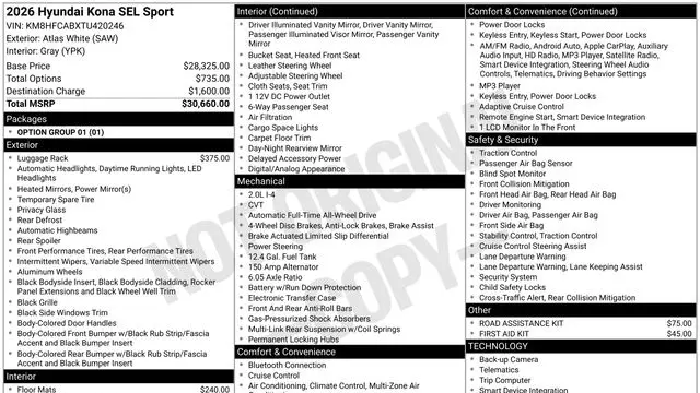 Preowned 2026 Hyundai KONA SEL Sport for Sale