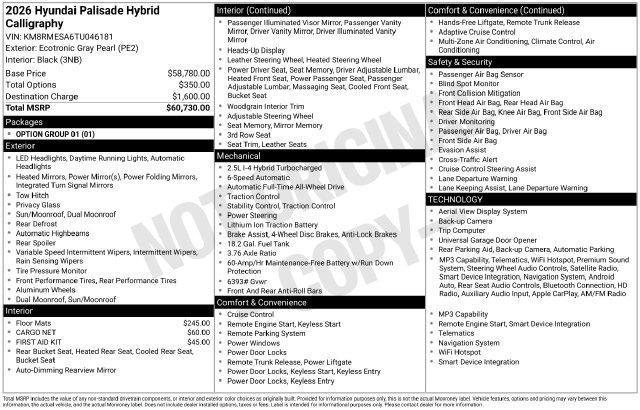 2026 Hyundai Palisade - $56,837