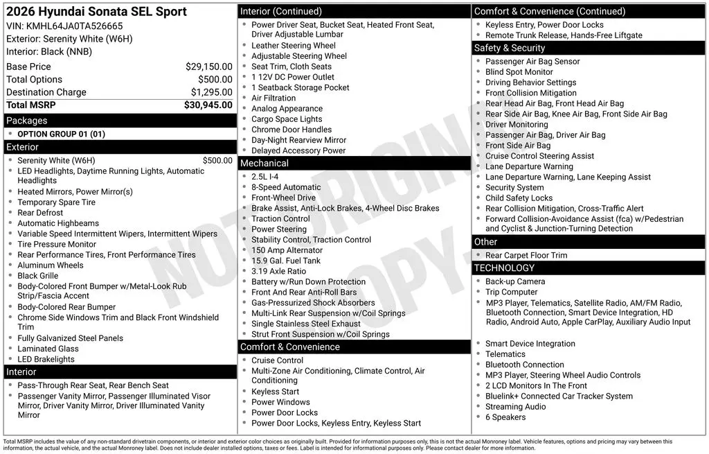 2026 Hyundai Sonata - $26,745