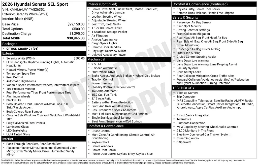 2026 Hyundai Sonata - $26,988