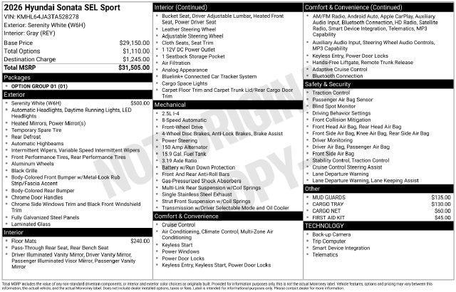 2026 Hyundai Sonata - $25,990