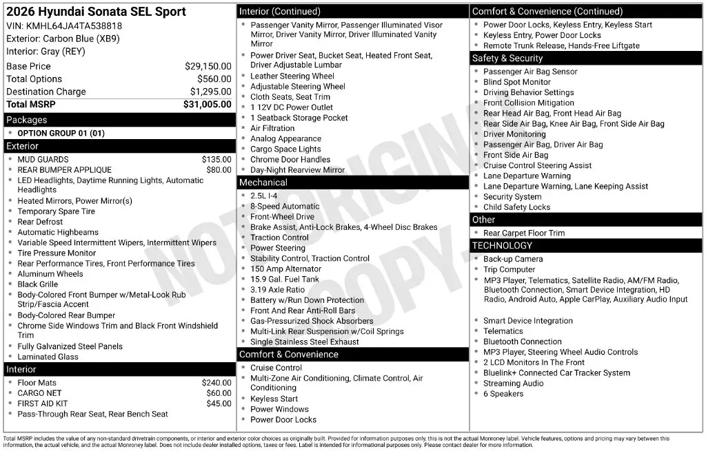2026 Hyundai Sonata - $26,400