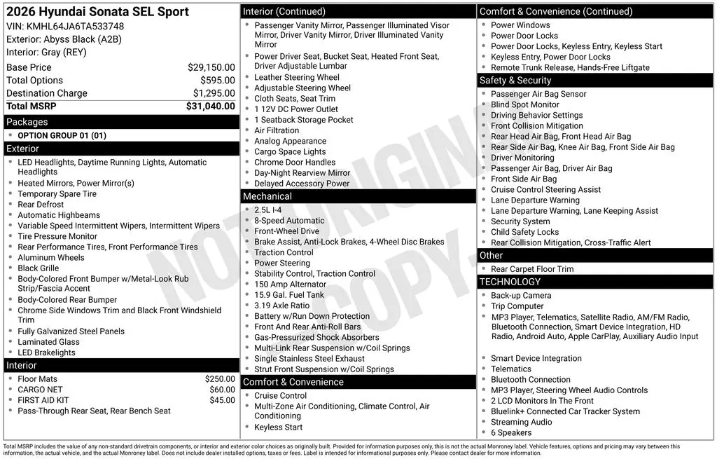 2026 Hyundai Sonata - $26,840