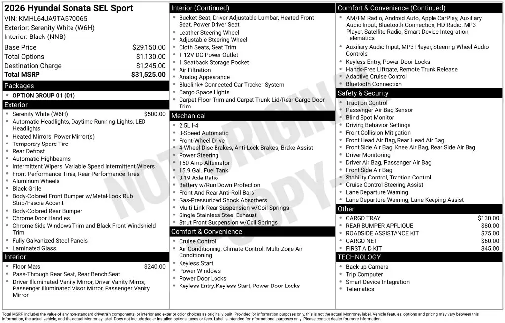 2026 Hyundai Sonata - $25,909
