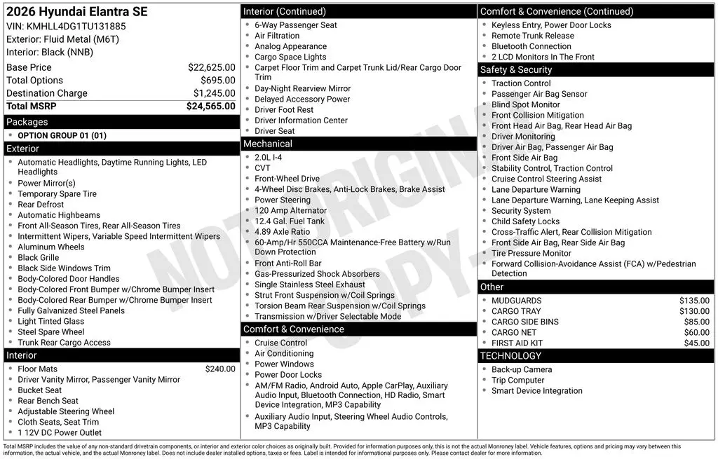 2026 Hyundai Elantra - $22,565