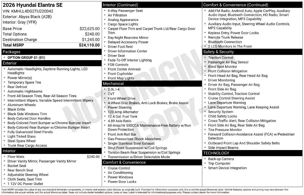 2026 Hyundai Elantra - $21,520