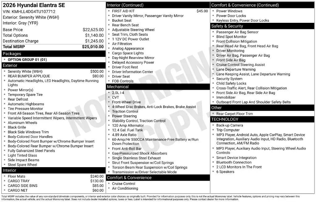 2026 Hyundai Elantra - $21,700