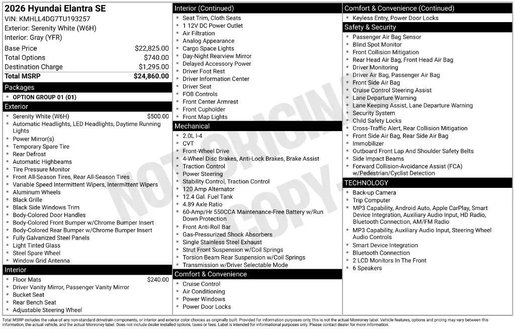 2026 Hyundai Elantra - $22,337