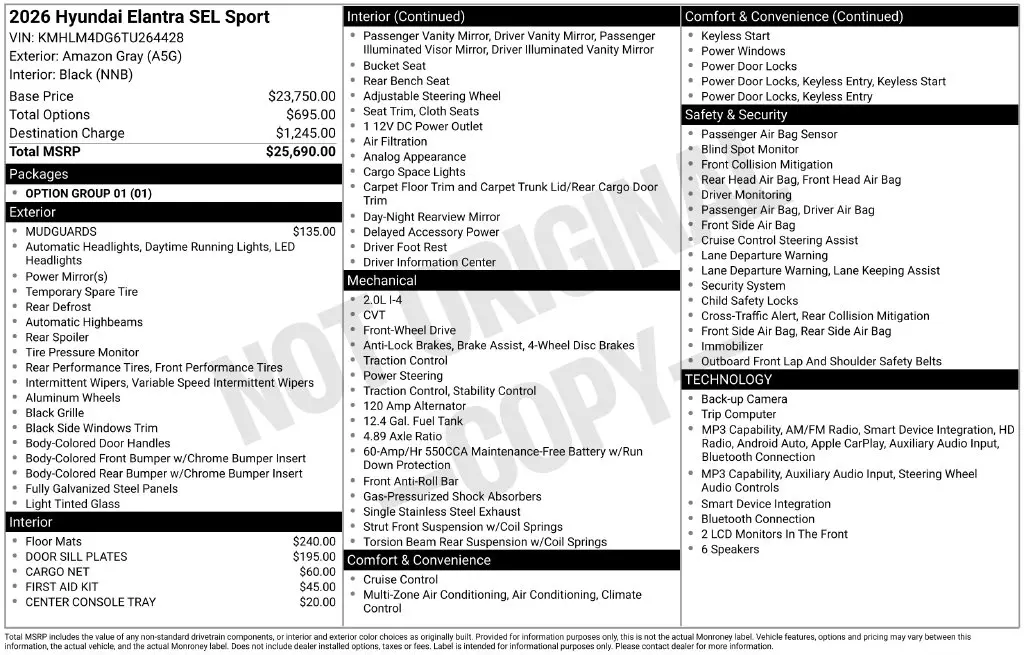 2026 Hyundai Elantra - $26,190