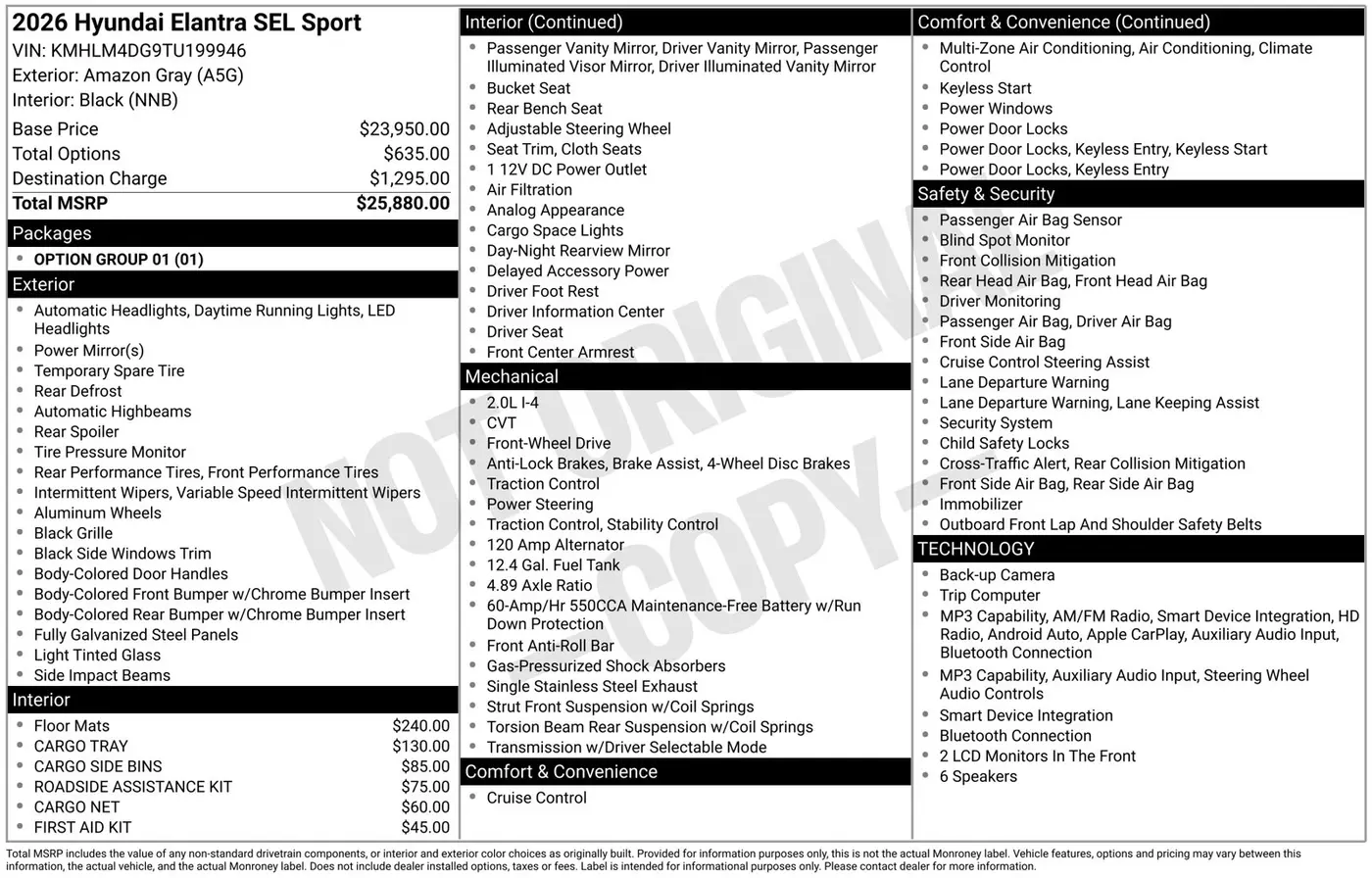 2026 Hyundai Elantra - $21,325
