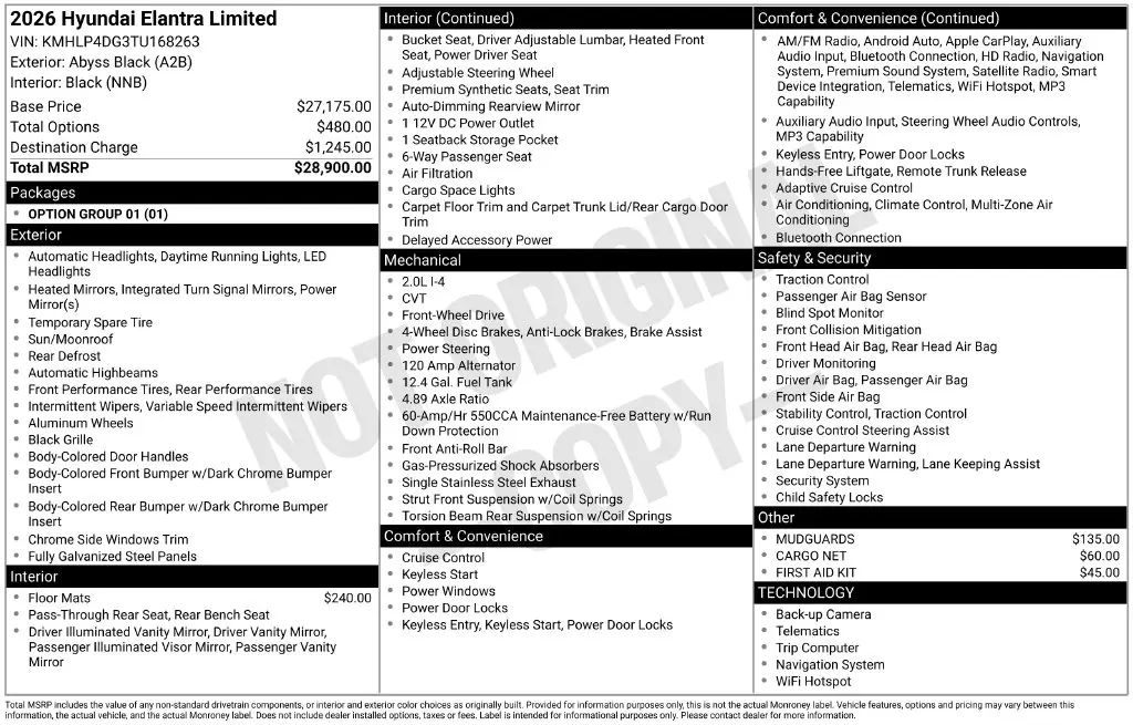 2026 Hyundai Elantra - $25,000