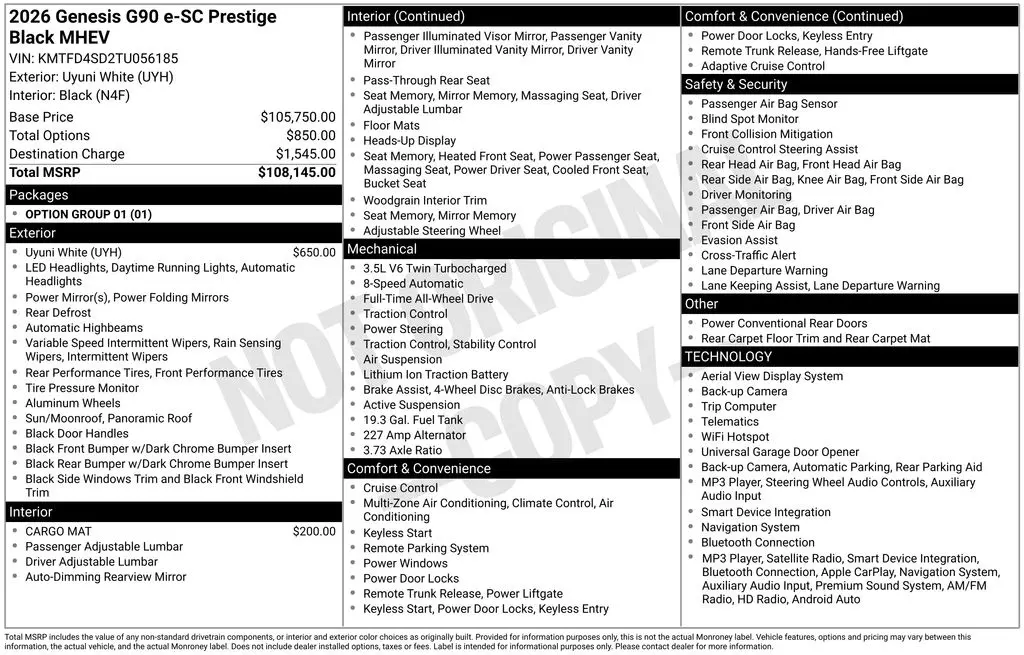2026 Genesis G90 - $86,500