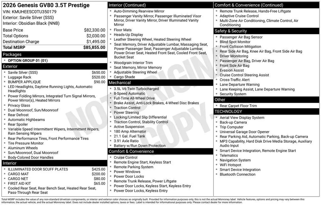 2026 Genesis GV80 - $74,205