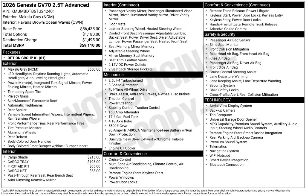 2026 Genesis Gv70 - $47,298