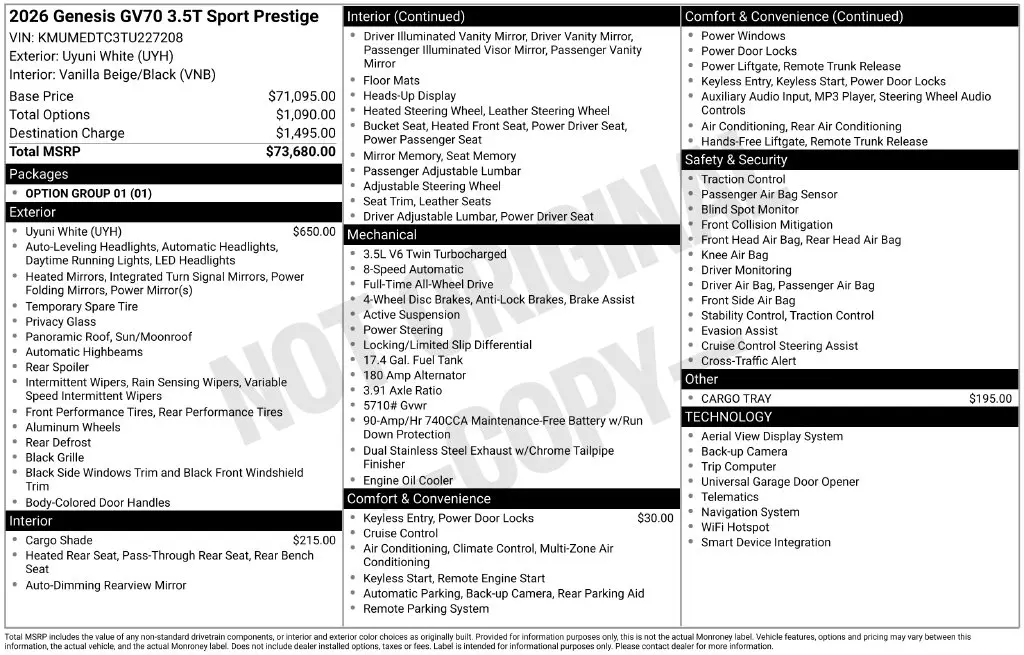 2026 Genesis Gv70 - $62,435