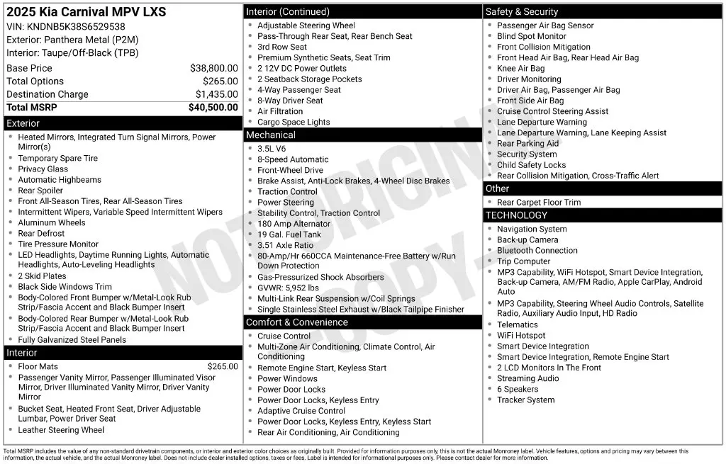 2025 Kia Carnival - $28,342